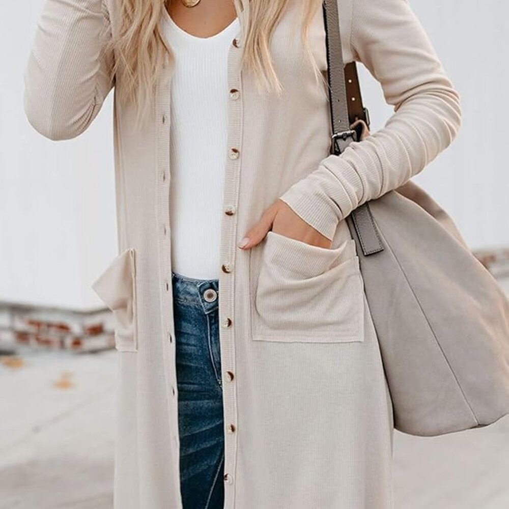 Naggoo Button Down High Low Cardigan Duster with Pockets